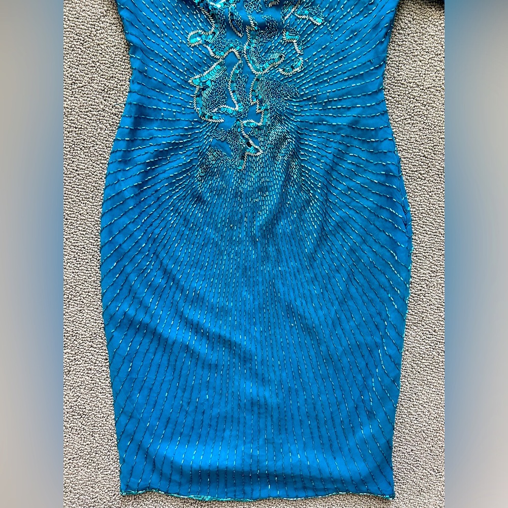 100 % silk Authentic Vintage sequin dress, Turquoise, size S